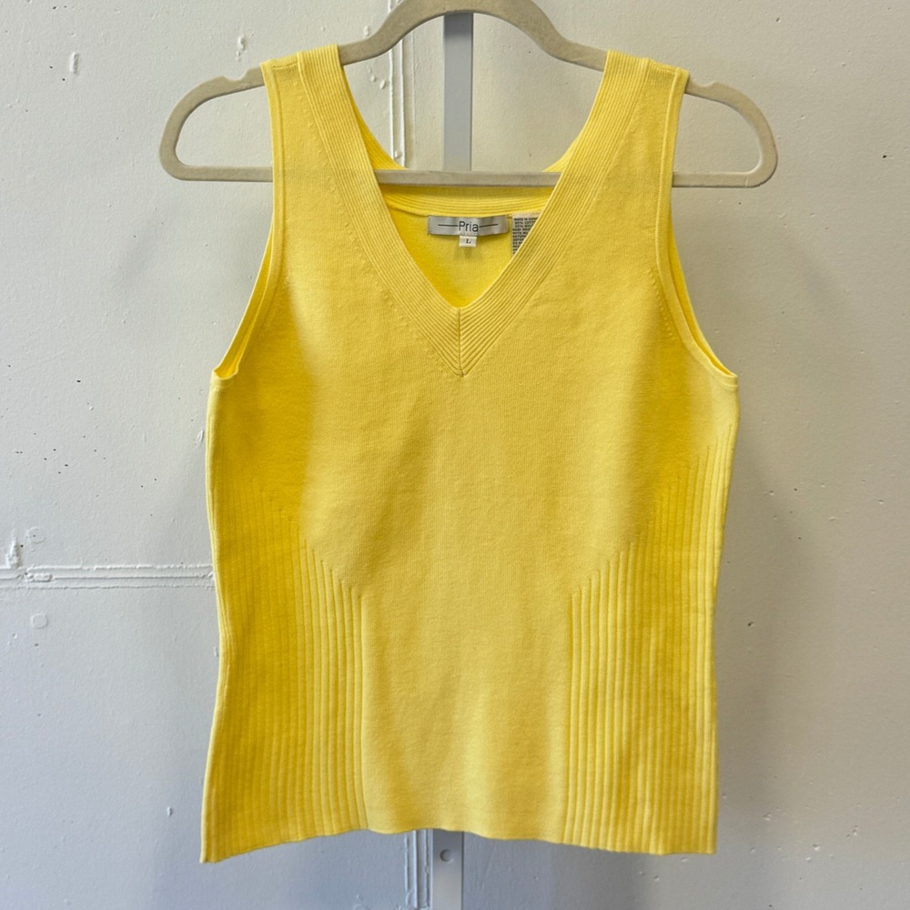 Pria‎ Yellow Knit Tank Top V-Neck Sleeveless Ribbed Cotton Blend Large 802